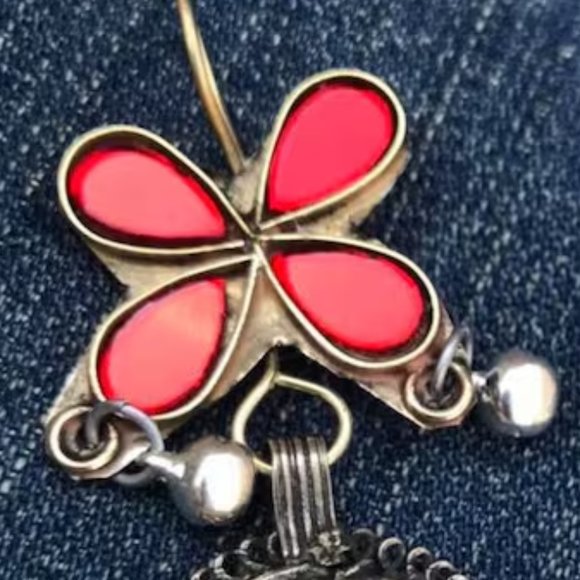 Tribal Kuchi Red Earrings, Handmade Statement Dangle Earrings - Picture 4 of 5